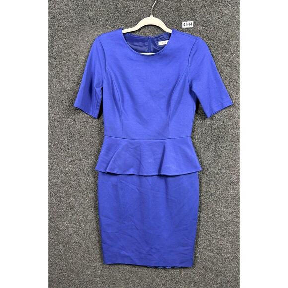 Trina Turk Sheath Dress Womens Medium Blue Peplum Knit Knee Length Half Sleeve - Picture 1 of 7